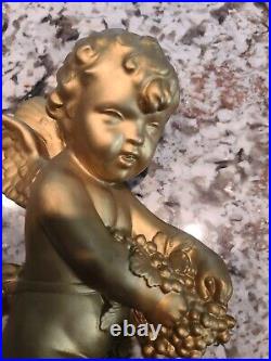 Pair of Chalkware Winged Putti Gorgeous Gold Gilt Plaster Wall Hanging