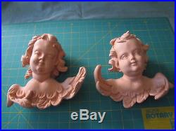 Pair of LARGE Hand Carved Wooden Wall Hanging Winged Cherubs / Angels 8 Tall
