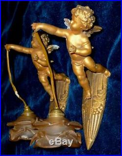 Pair of Tiny Adorable French Antique Sconces Winged Angels Cherubs Art Deco