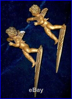 Pair of Tiny Adorable French Antique Sconces Winged Angels Cherubs Art Deco