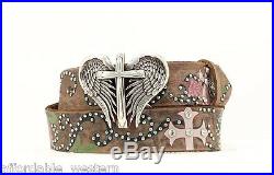 Pink -WOMAN'S WESTERN Tattoo BELT- Leather-Cowboy-Angel Wing Buckle BROWN 14