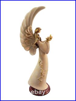 Praying Angel Carved Resin Figurine Wood Base Vintage Large Wings Floral Accents