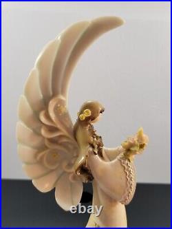 Praying Angel Carved Resin Figurine Wood Base Vintage Large Wings Floral Accents