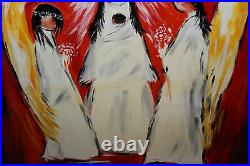 QN Venezia Signed Painting 3 Winged Angels Red Background Religious Folk Art