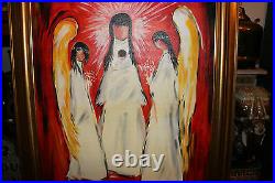 QN Venezia Signed Painting 3 Winged Angels Red Background Religious Folk Art