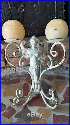 RARE Large Cast Iron Victorian Garden Statue Winged Angel Candleholder