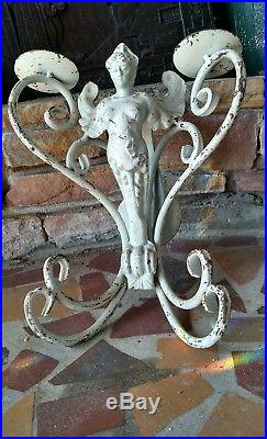 RARE Large Cast Iron Victorian Garden Statue Winged Angel Candleholder
