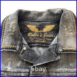ROBIN'S JEAN Distressed Studded Black Embroidered Wings Denim Jacket Size Large