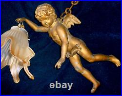 Rare Very Old French Large Antique Chandelier Winged Angel Cherub Flower Shade