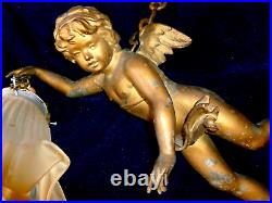Rare Very Old French Large Antique Chandelier Winged Angel Cherub Flower Shade
