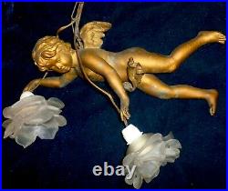 Rare Very Old French Large Antique Chandelier Winged Angel Cherub Two Rose Shade
