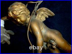 Rare Very Old French Large Antique Chandelier Winged Angel Cherub Two Rose Shade