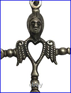 Rare Vintage Large Sterling Yalalag Pendant Cross Figural Female Angel Heart