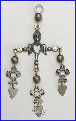 Rare Vintage Large Sterling Yalalag Pendant Cross Figural Female Angel Heart