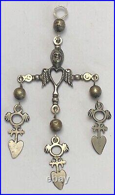 Rare Vintage Large Sterling Yalalag Pendant Cross Figural Female Angel Heart