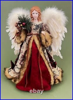 Real Feather Wings Red Fabric Faux Fur Ceramic Angel Christmas Tree Topper 16'