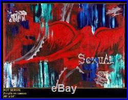 Red Flying Angel with Spread Wings Gears Original Painting R. Manus Large 64x40