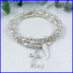 Religious Sterling Silver and Gold Stacking Bracelet Set, Cross and Angel Wing