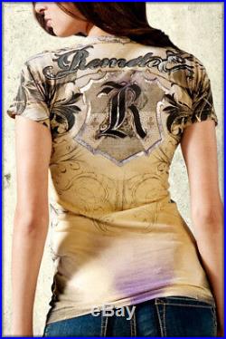 Remetee Skull Angel Wings Gold Crown Tattoo Rhinestones Women T-Shirt Yellow NEW