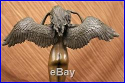 SIGNED A. A. Weinman, bronze statue winged woman Nude Angel Descending Night LRG