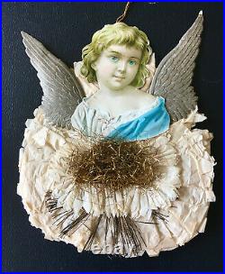 Scrap Die Cut LARGE ANGEL w Dresden Wings German Antique Christmas Ornament 7