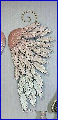 Set of 2 Large Metal Angel Wings 3-D Wall Art Sculpture Blush Pink & White Glam