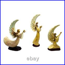 Set of 3 Vintage Praying Angels Resin on Wood Base Circa 1970s Large Wings