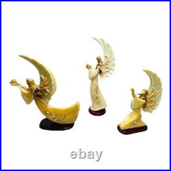 Set of 3 Vintage Praying Angels Resin on Wood Base Circa 1970s Large Wings