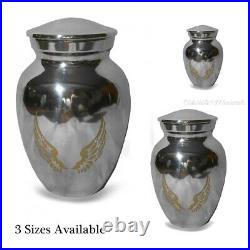 Silver Cremation Urn & Gold Angel Wings, Memorial Ashes Shiny Pet Mini Keepsake