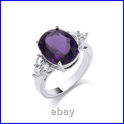 Silver Jewelco London Purple Oval CZ 3 Stone Angel Wings Cluster Cocktail Ring