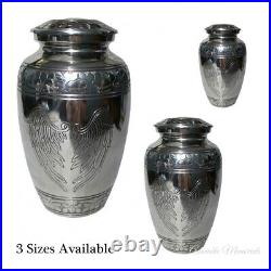 Silver Metal Angel Wings Feather Urn, Human Pet Ashes Shiny Cremation Keepsake