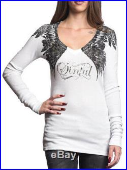 Sinful Whisping Feather Angel Wings Women Long Sleeve V-Neck Thermal White M-XL