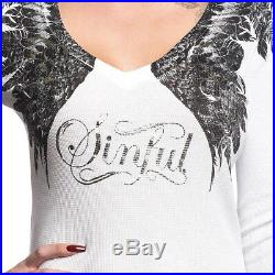 Sinful Whisping Feather Angel Wings Women Long Sleeve V-Neck Thermal White M-XL