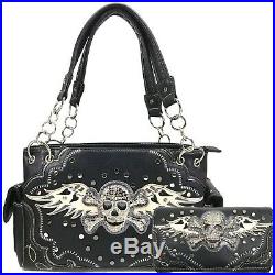 Skull Crossbones Angel Wings Bling Concealed Carry Handbag Purse Wallet Set