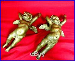 Solid Pair of Vintage large Bronze/Brass Winged Cherubs/Angels