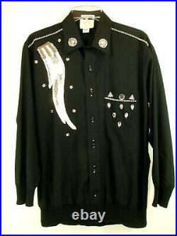 Sondro Vintage Embellished Black Shirt Sequin Angel Wing Diamante Rhinestones L