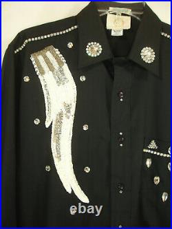 Sondro Vintage Embellished Black Shirt Sequin Angel Wing Diamante Rhinestones L