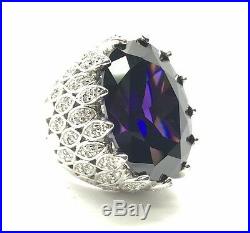 Sterling 925 Large Oval Amethyst Marquise CZ Angel Wing Chunky Statement Ring 7