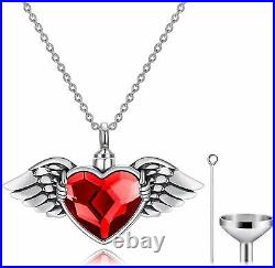 Sterling Silver Angel Wing Red Heart Crystal Urn Necklace Cremation Jewelry 20