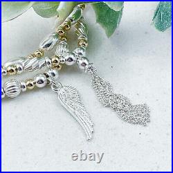 Sterling Silver and Gold Tassel and Guardian Angel Wing Stacking Bracelet Set