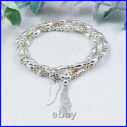 Sterling Silver and Gold Tassel and Guardian Angel Wing Stacking Bracelet Set