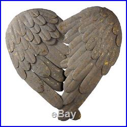 Stunning Large Grey Metal Heart Angel Wings Feathers Wall Decor Shabby Chic