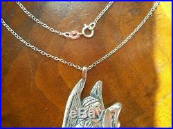Sweet Vintage used HUGE large big angel scroll wings sterling pendant Necklace