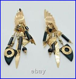 TABRA Vintage Gold Filled & Onyx Large Angel Wing Dangle Post Earrings Signed