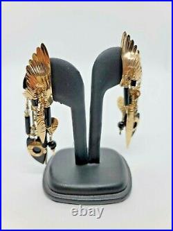 TABRA Vintage Gold Filled & Onyx Large Angel Wing Dangle Post Earrings Signed