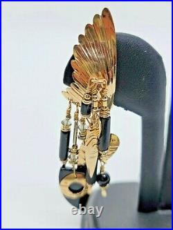 TABRA Vintage Gold Filled & Onyx Large Angel Wing Dangle Post Earrings Signed