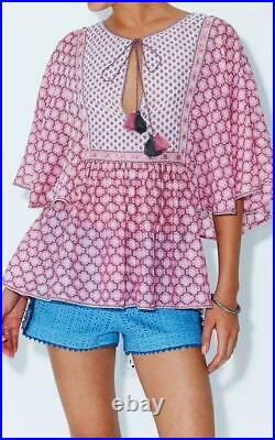 TALITHA Pink Trellis Print Silk-Blend Angel Wing Sleeve Boho Gypsy Kaftan Top L