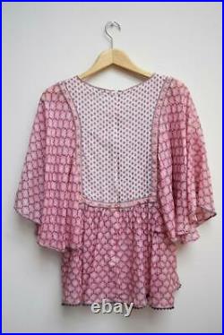 TALITHA Pink Trellis Print Silk-Blend Angel Wing Sleeve Boho Gypsy Kaftan Top L