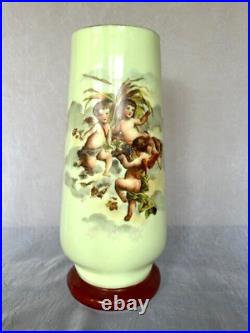 Tall 12.5 Antique Opaline Bristol Glass Footed Winged Cherub Vase