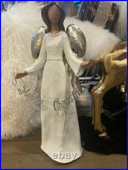 Tall Angel Carved Metal Wings with Merry Christmas Garland 22 Ivory & Silver